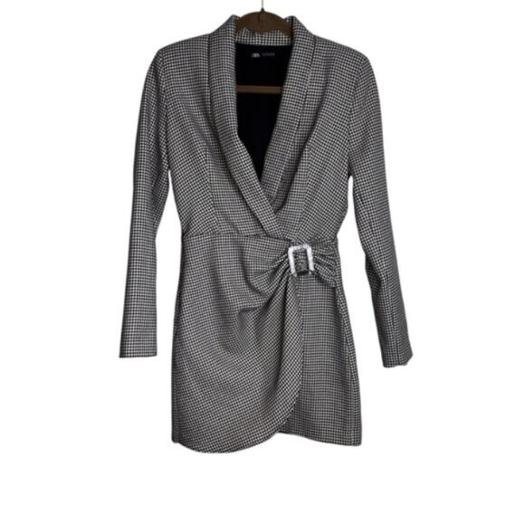 Zara Women's Black White Houndstooth Blazer Dress Small Faux Belt Office Classic - Picture 1 of 11